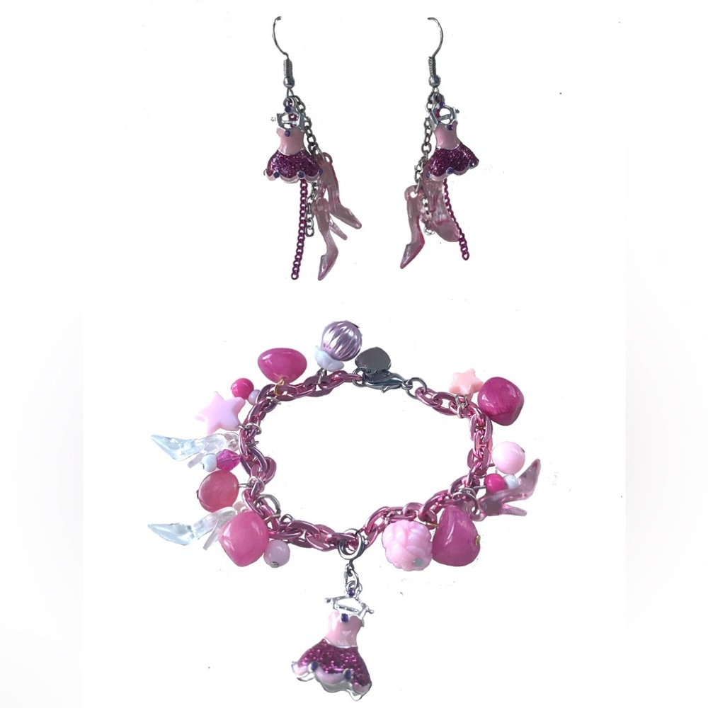 Ballet princess pointe heel shoes mini stiletto glam charm bracelet pink set